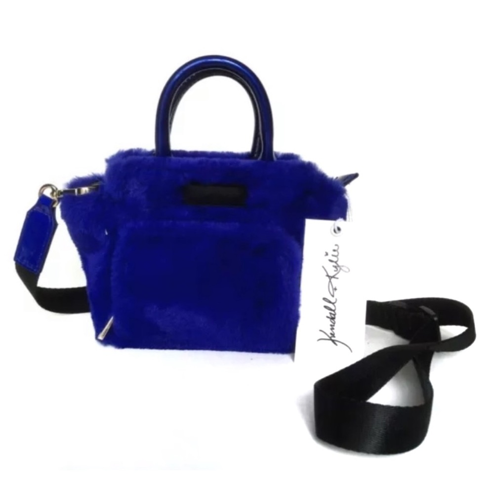 Kendall & Kylie Handbag Purse Mini Royal Blue Faux Fur Shoulder Strap Black Cute